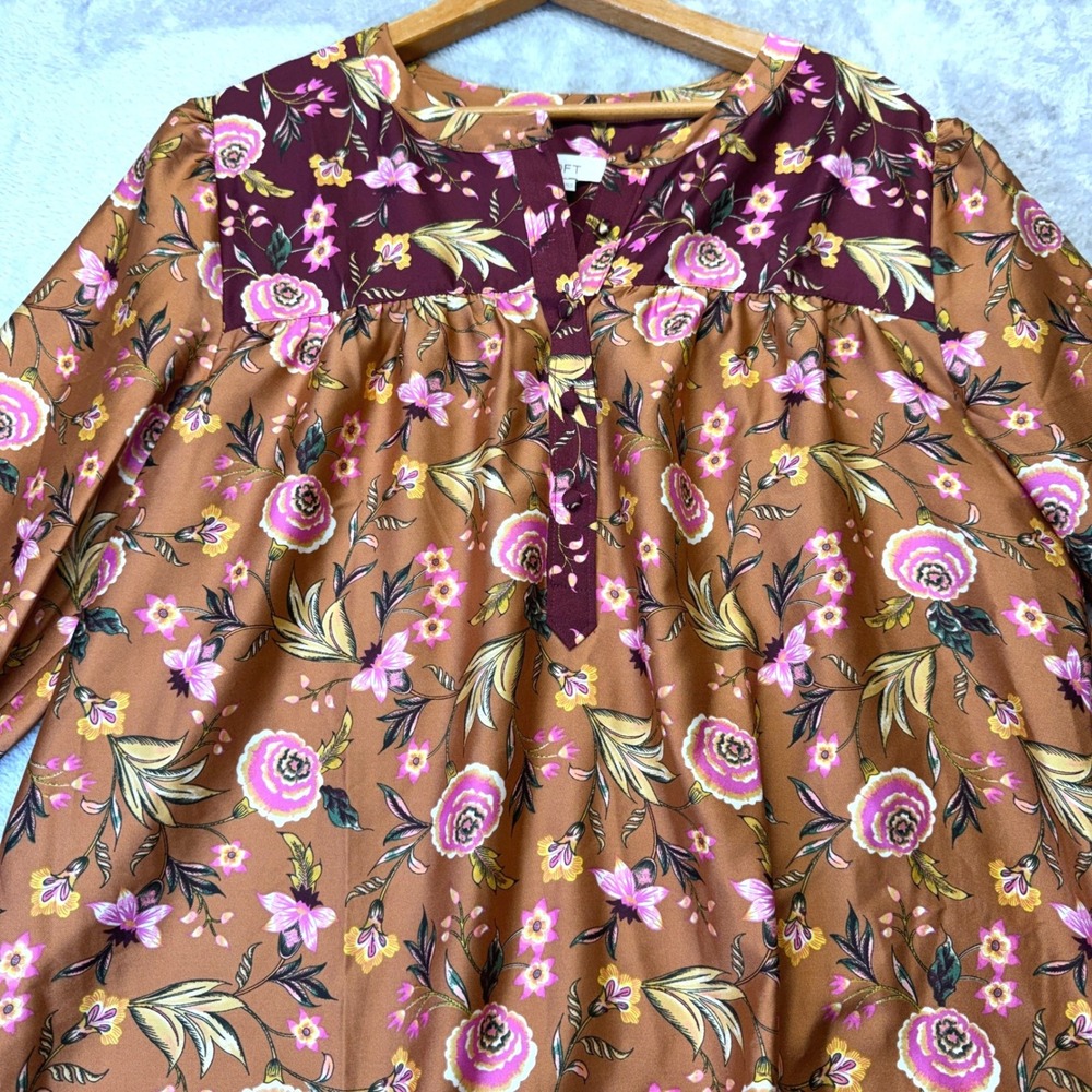 LOFT Women's‎ Floral Blouse Cottagecore Size L Brown Pink Long Sleeve Silky Top